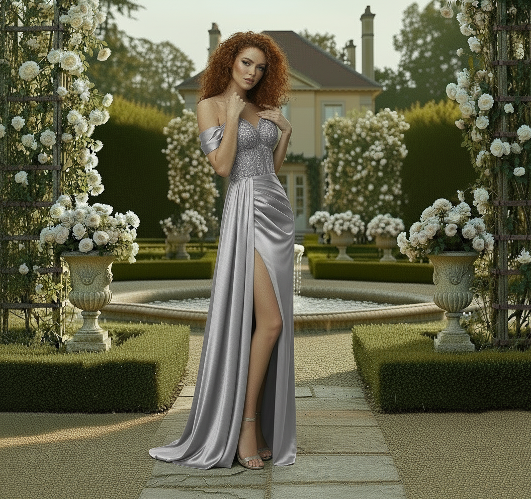 Off-Shoulder Lace Bodice Evening Gown | Silver Royal Blue Orange | WS-2026-0051