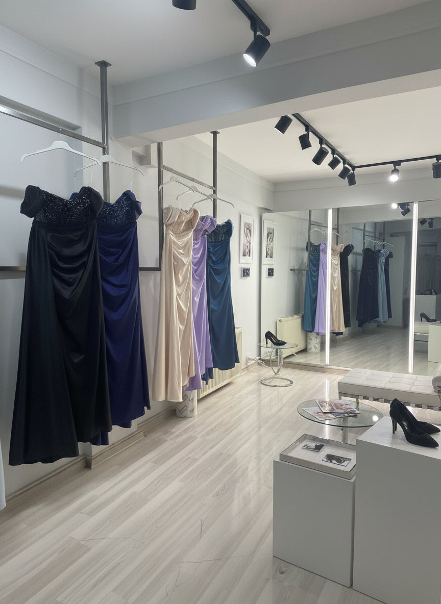 Dress fitting room with dresses on racks and a mirror reflecting the interior.