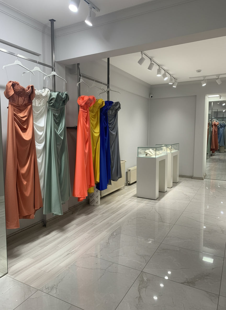 Colorful dresses hanging on a rack in a room with a mirror.