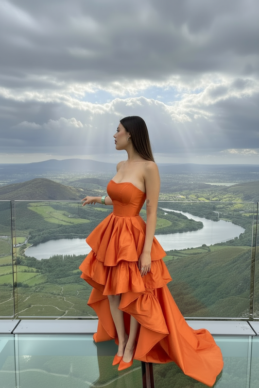 Woman in an orange dress standing on a balcony with a scenic view of a river and mountains.
