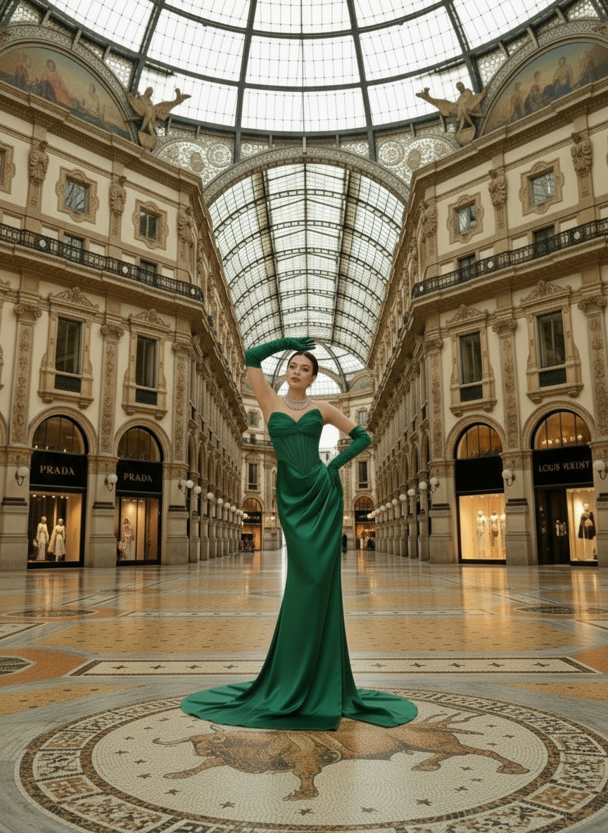 Woman in a green dress standing in a grand architectural interior with high ceilings and large windows.