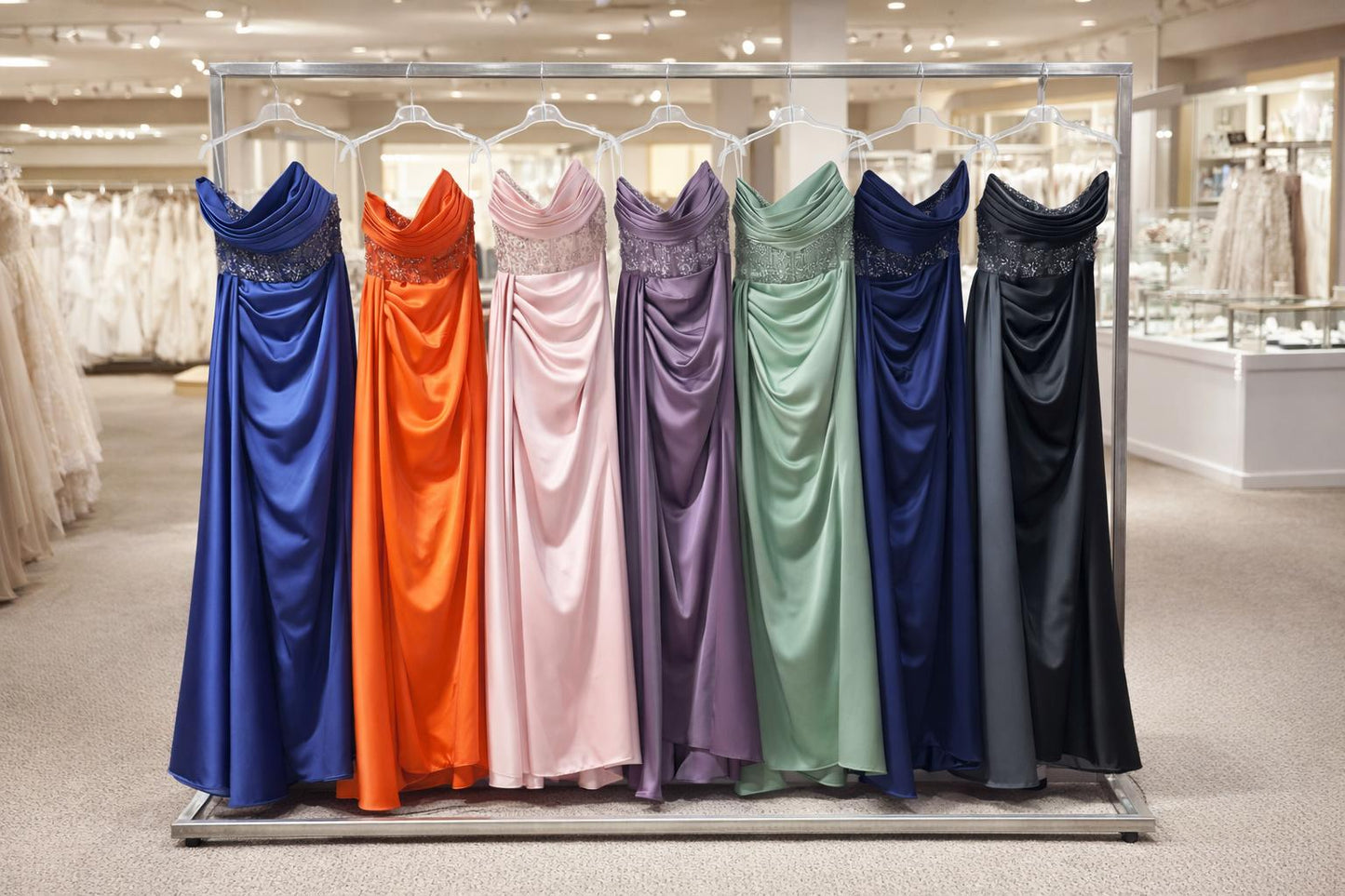 Strapless Draped Satin Evening Gown | Red Green Navy Yellow