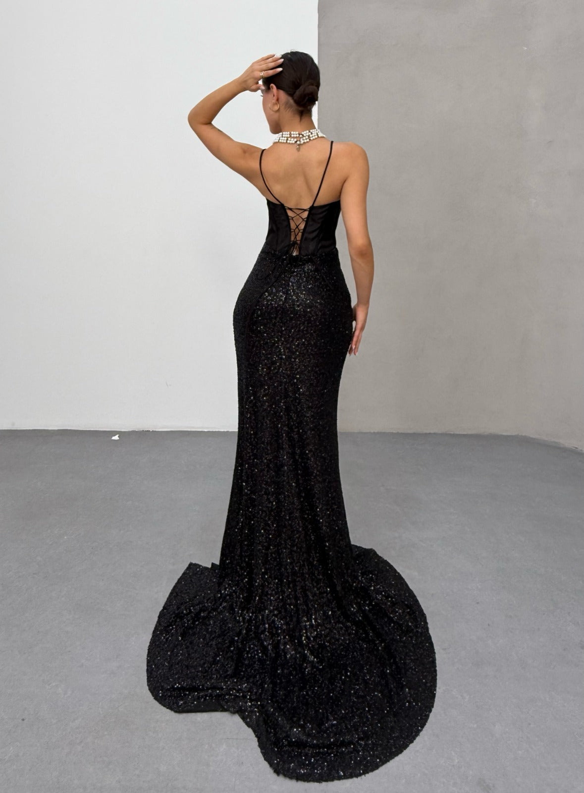 Black Sequin Mermaid Gown with Corset Back - Custom Order