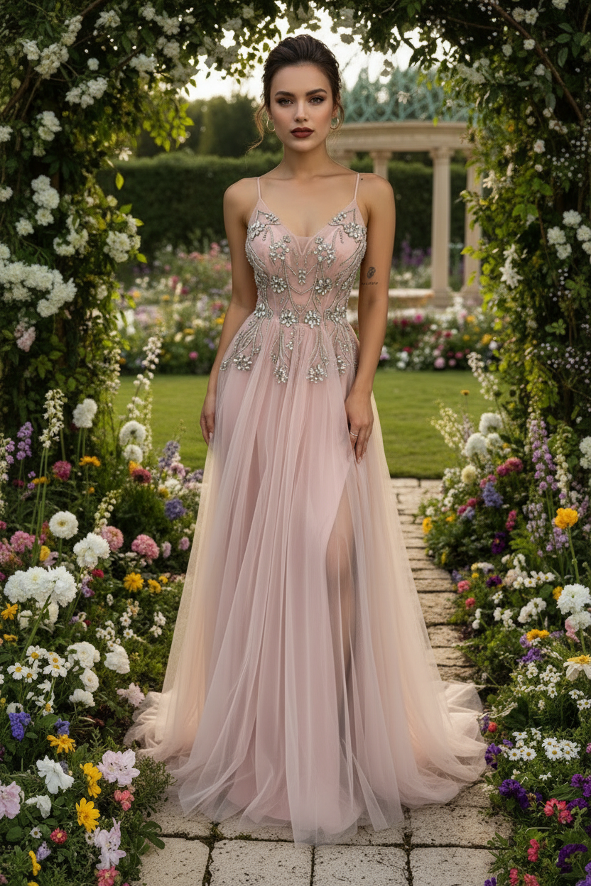 Blush Pink Crystal Embellished Tulle Gown with Lace-Up Back - Custom Order