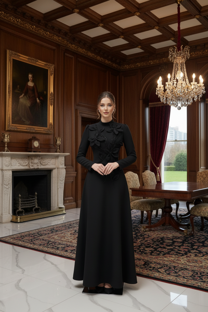 Elegant Long Sleeve Princess Dress with Floral Embellishment