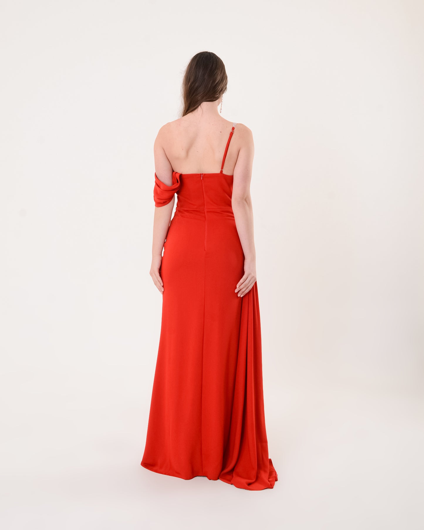 Scarlet One-Shoulder Evening Gown with Thigh Slit