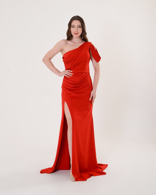 Scarlet One-Shoulder Evening Gown with Thigh Slit
