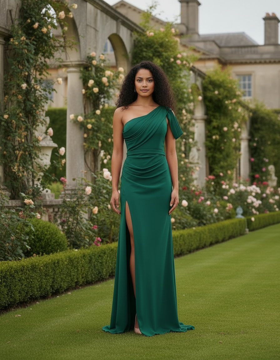 Scarlet One-Shoulder Evening Gown with Thigh Slit