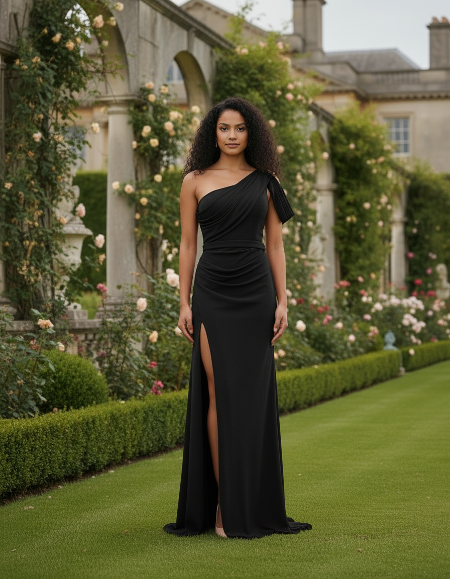 Scarlet One-Shoulder Evening Gown with Thigh Slit