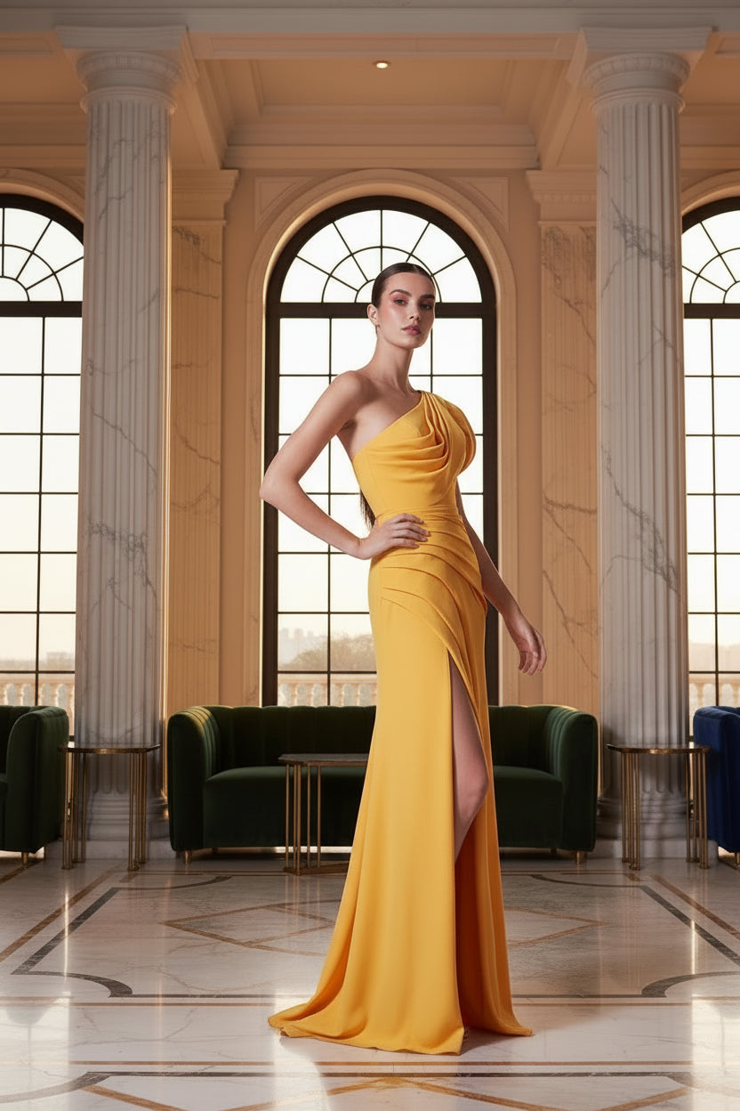 Scarlet One-Shoulder Evening Gown with Thigh Slit