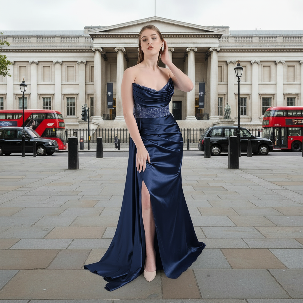 Luxury Draped Satin Evening Gown with Crystal Belt | WS-20-25-C | 4 Colours