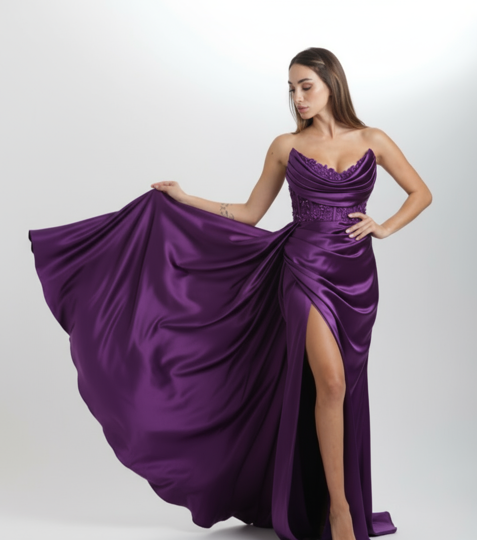Luxury Draped Satin Evening Gown with Crystal Belt | WS-20-25-D | 4 Colours