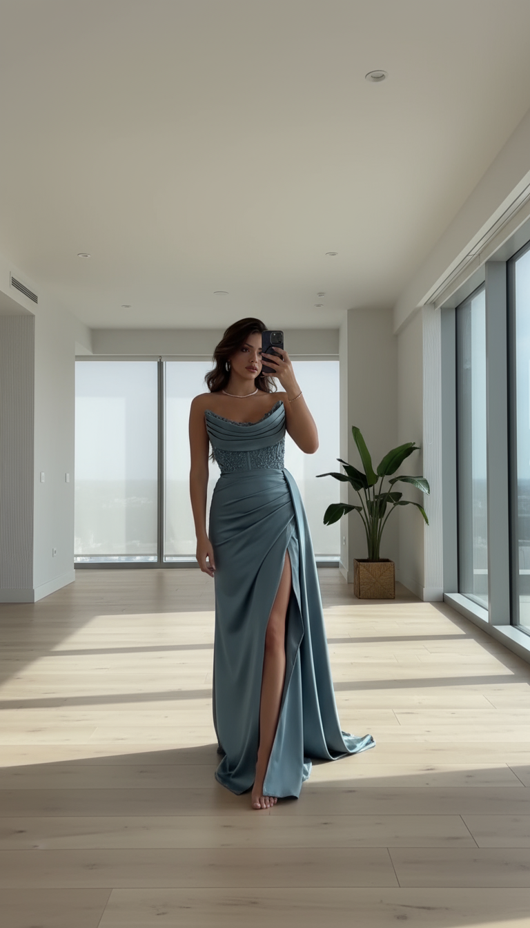 Luxury Draped Satin Evening Gown with Crystal Belt | WS-20-25-D | 4 Colours