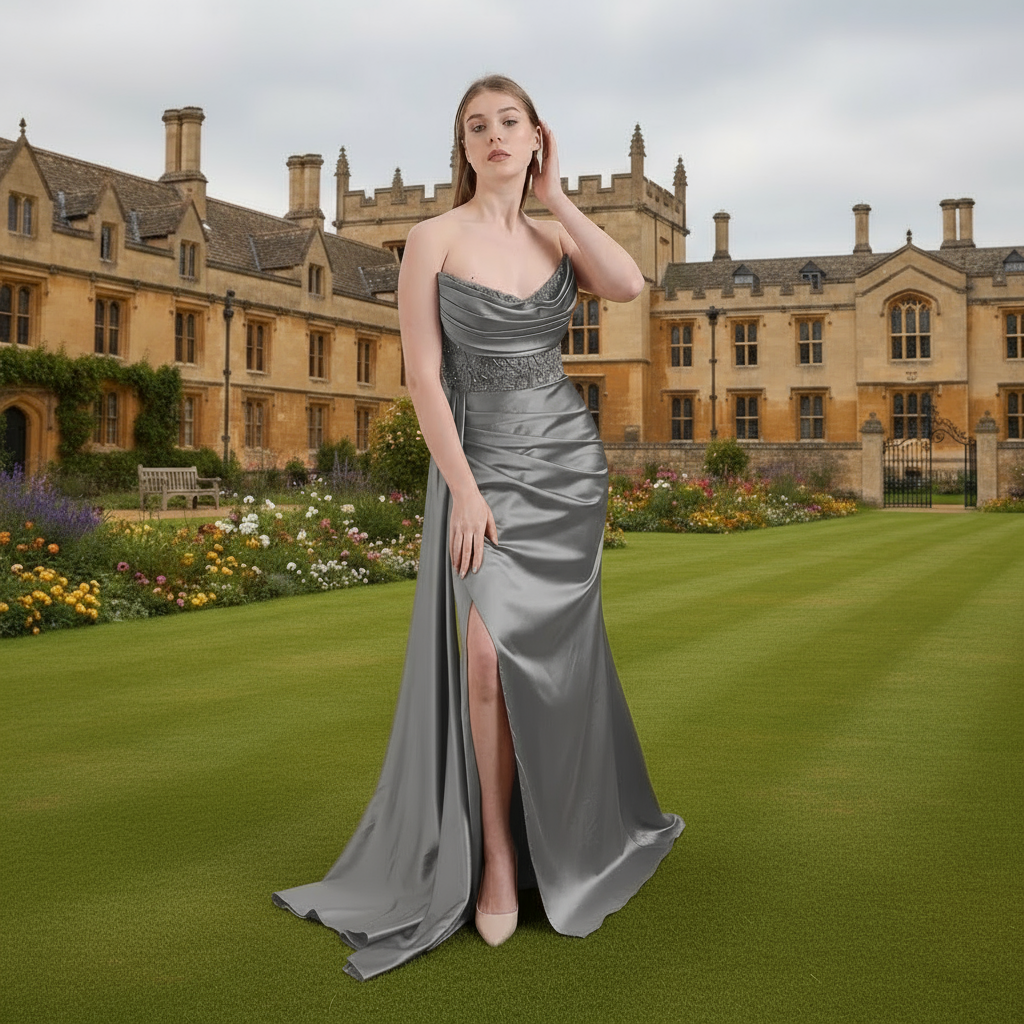 Luxury Draped Satin Evening Gown with Crystal Belt | WS-20-25-B | 3 Colours