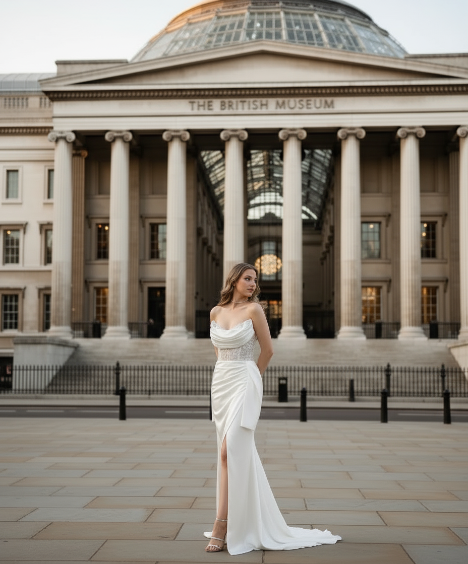Woman in a white strapless gown with lace detailing in an indoor setting.