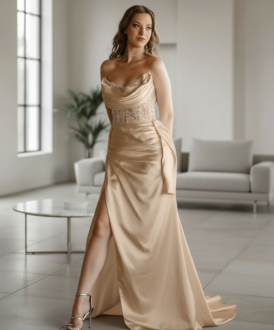 Luxury Draped Satin Evening Gown with Crystal Belt | WS-20-25-DEGAJE | 3 Colours