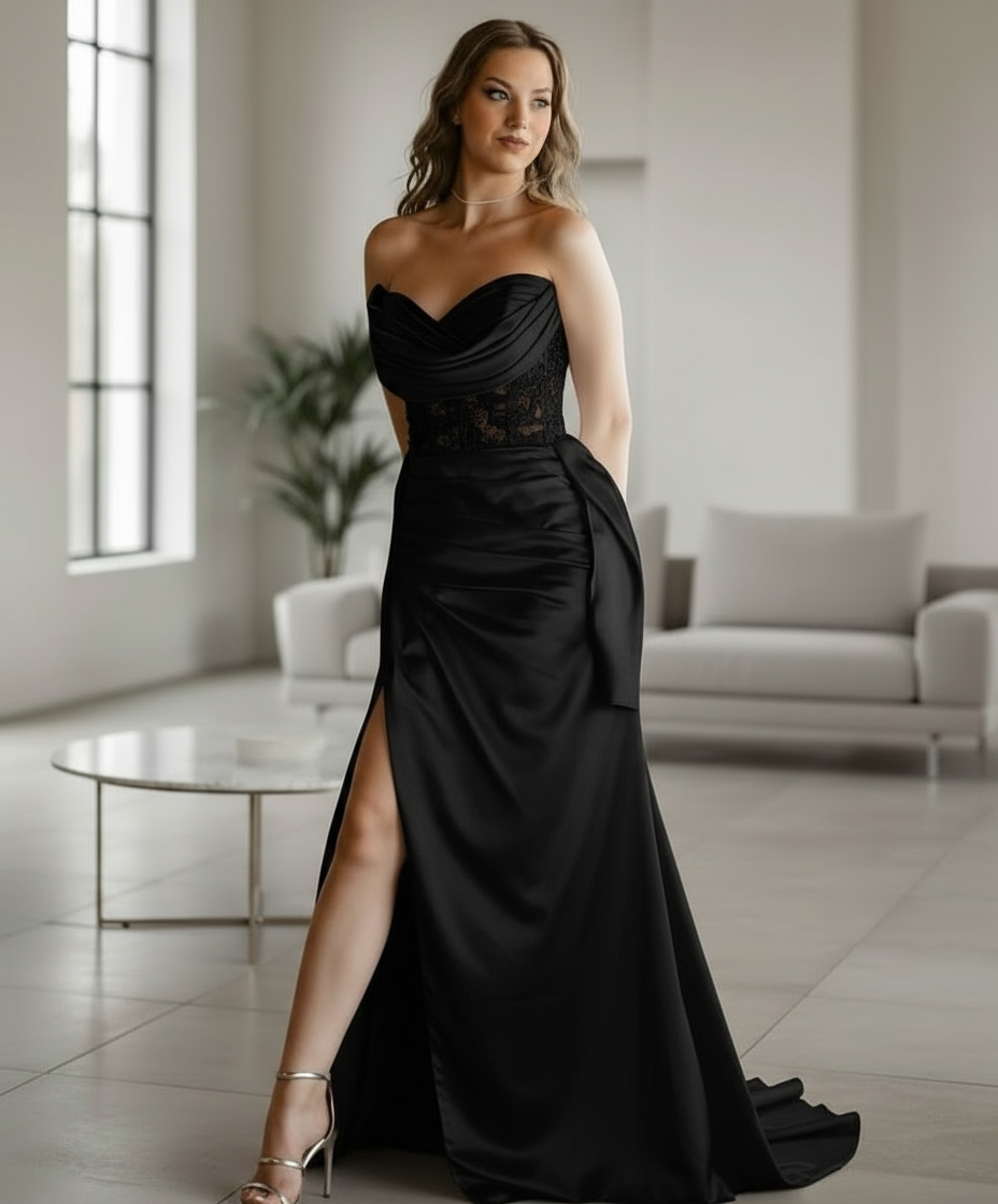 Luxury Draped Satin Evening Gown with Crystal Belt | WS-20-25-DEGAJE | 3 Colours