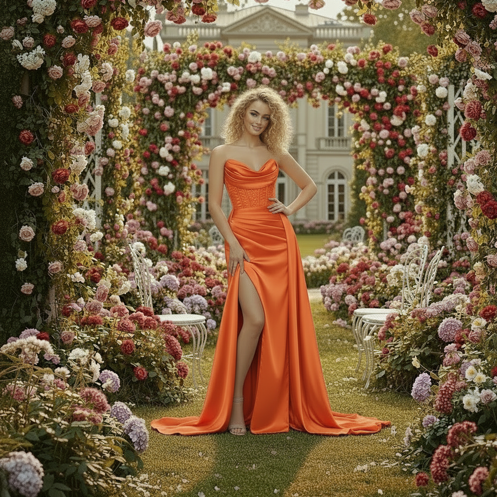 Woman in an orange dress standing in a garden with floral arches