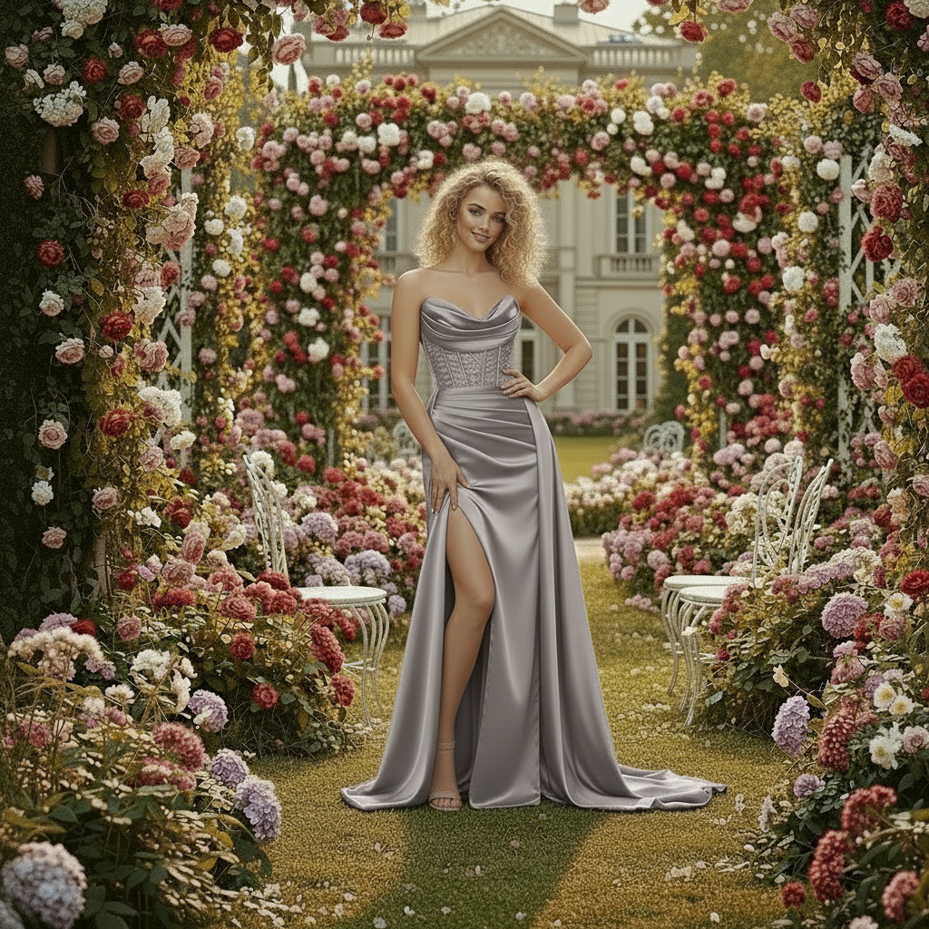 Strapless Draped Satin Evening Gown | White Royal Blue Mint Silver Gray Orange