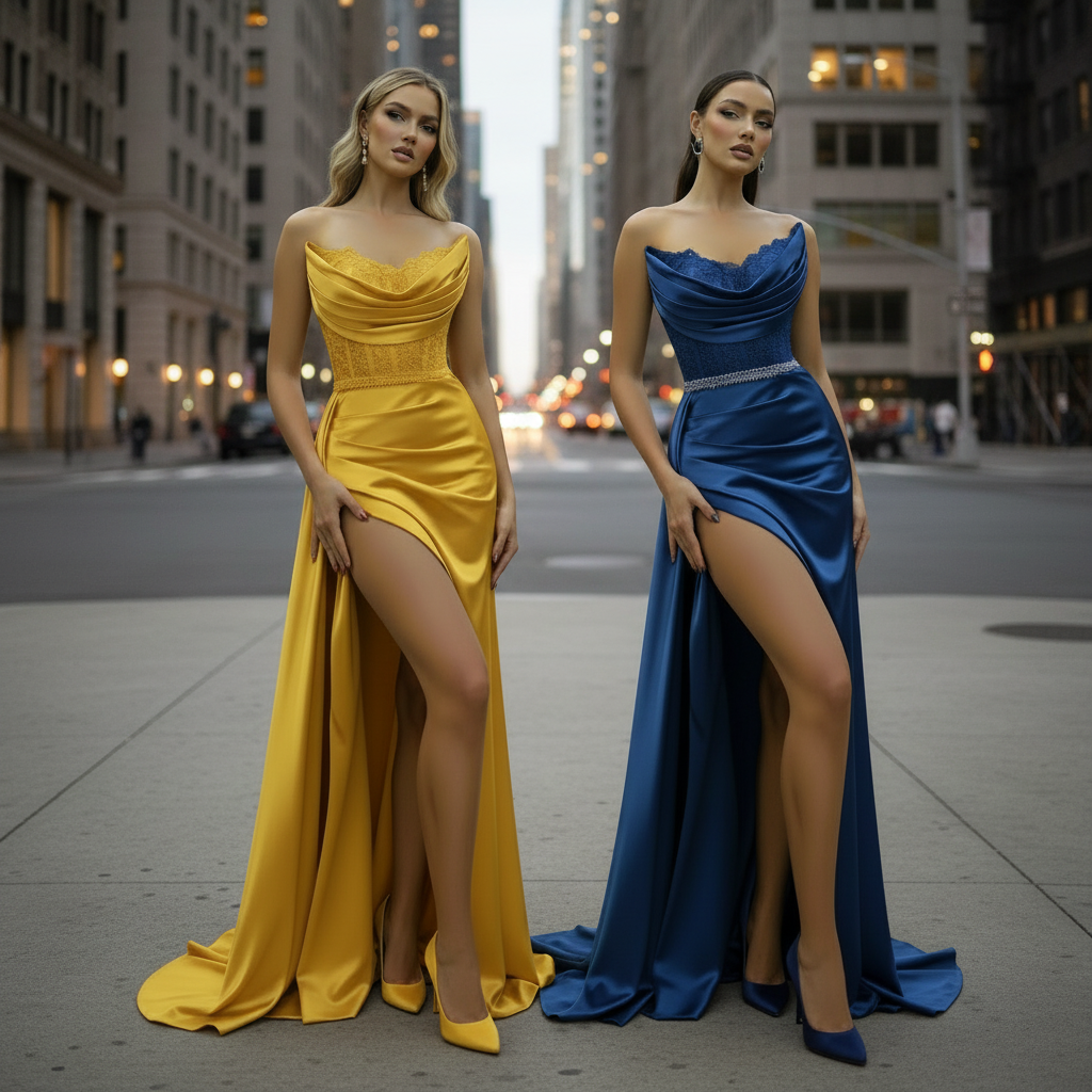 Strapless Draped Satin Evening Gown | Red Green Navy Yellow