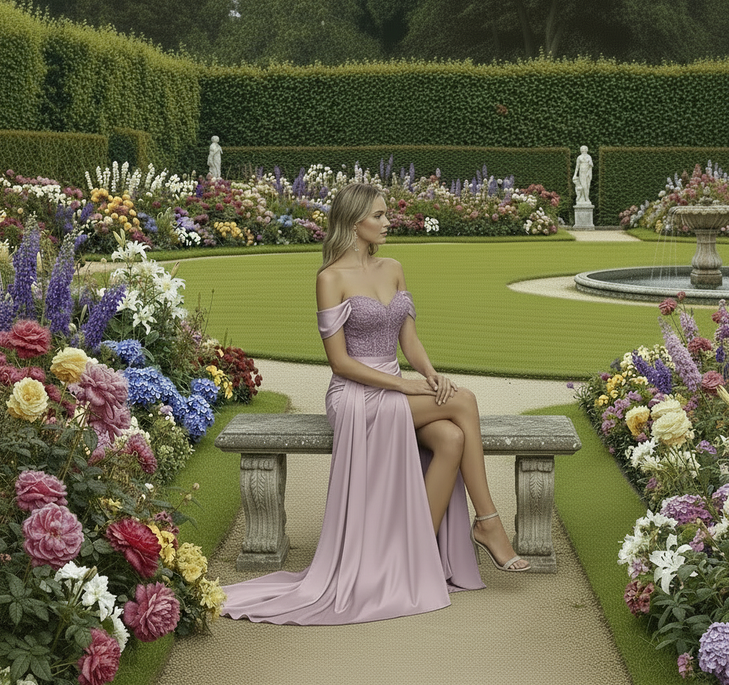 Woman in a purple evening gown standing in a garden with colorful flowers and statues.