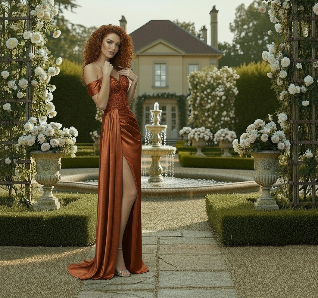 Woman in a long orange dress standing in a garden with a fountain and floral arrangements.