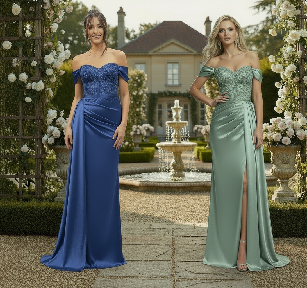 Two women in elegant evening gowns standing in a garden with a fountain.
