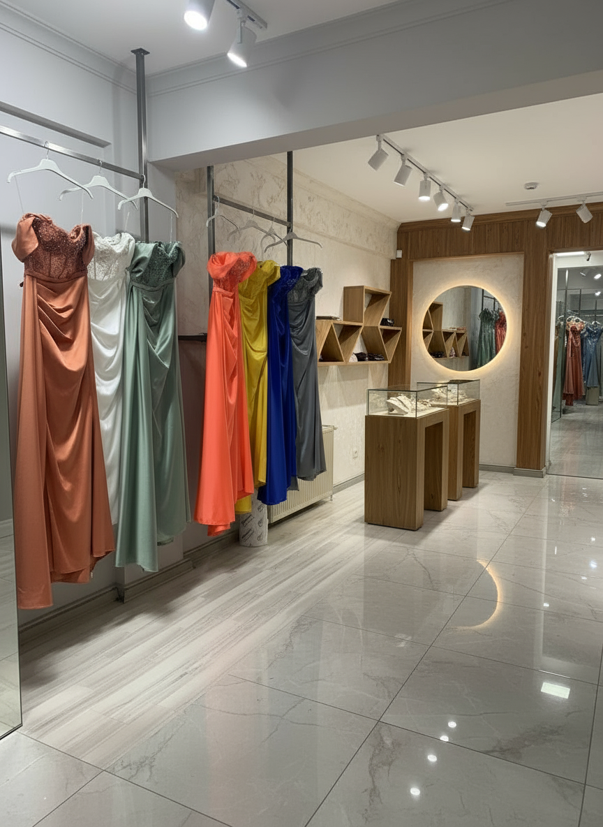 Colorful dresses hanging on a rack in a stylish store interior.