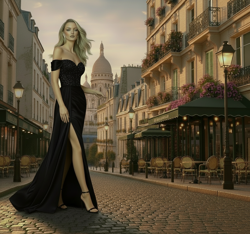 Woman in a black evening gown standing on a Parisian street with a cathedral in the background