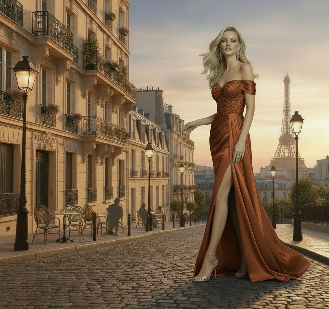 Woman in a red dress standing on a Parisian street with the Eiffel Tower in the background