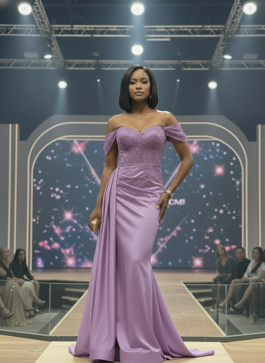 Woman in a purple evening gown on a stage with a space-themed backdrop