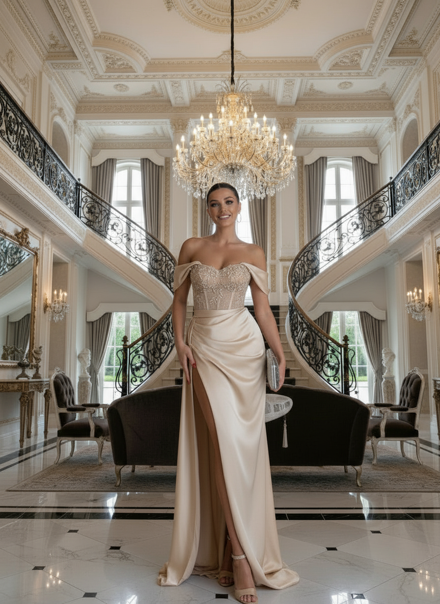 Woman in a strapless gown standing in an elegant interior setting with chandelier