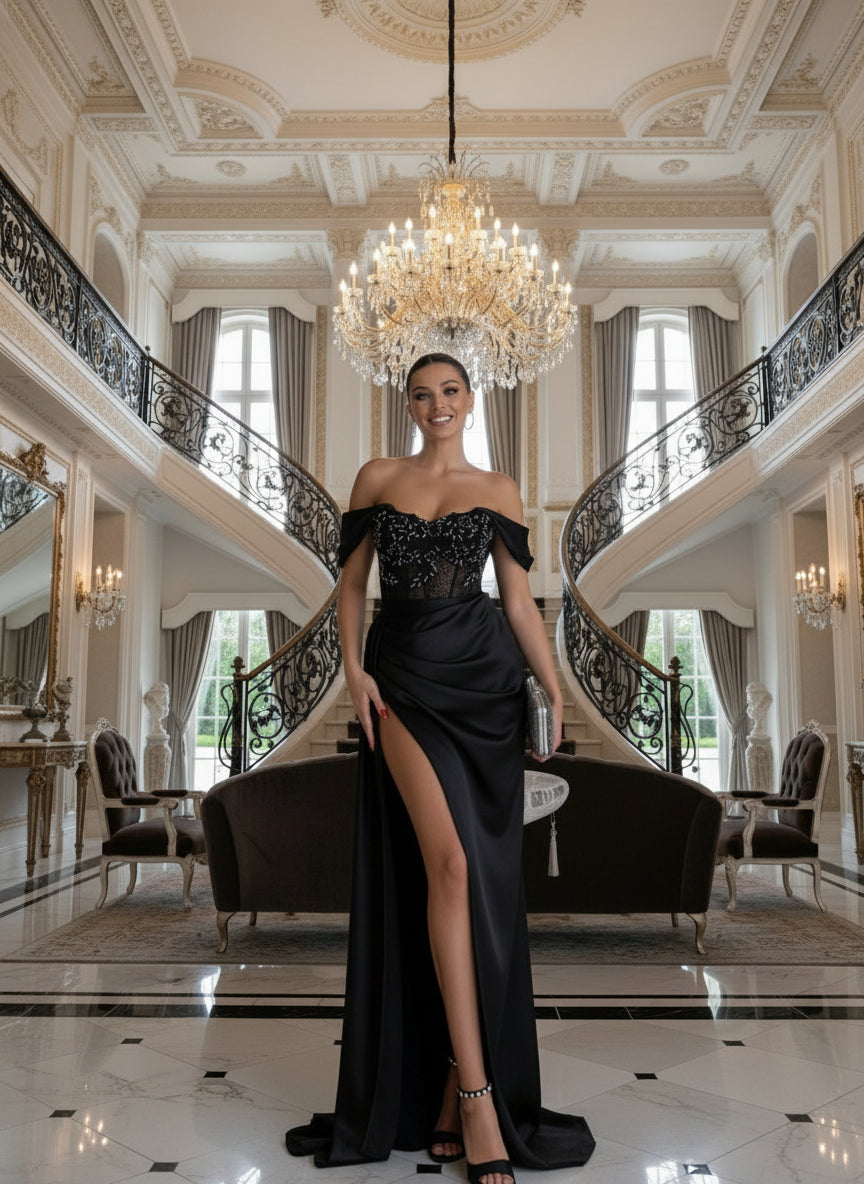 Woman wearing a black off-shoulder evening gown with a high slit in a minimalistic setting.