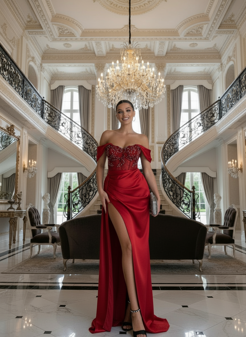 Woman in a red evening gown standing in an elegant interior setting with chandelier.