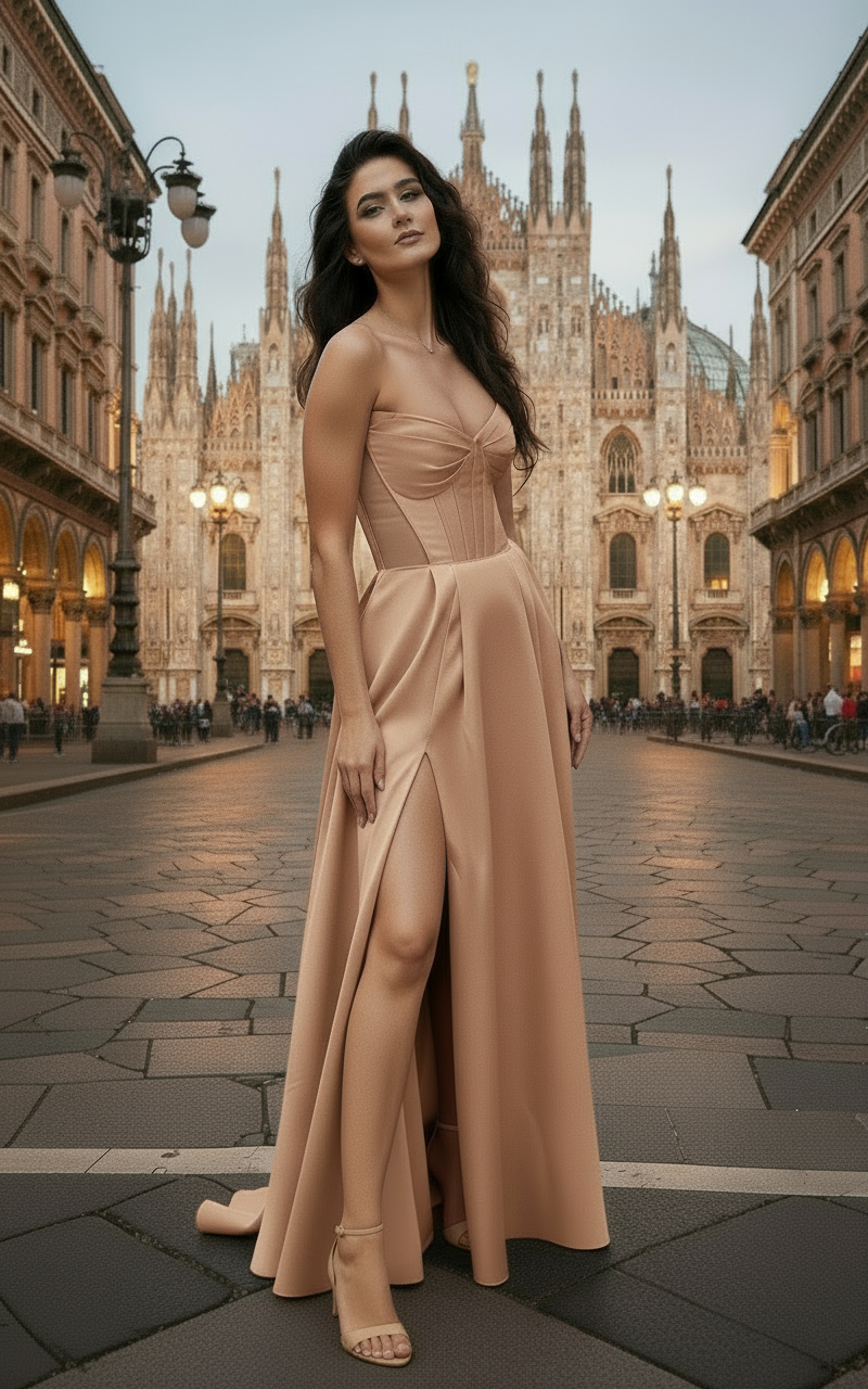 Woman in a beige evening gown standing in front of the Duomo di Milano in Milan, Italy.