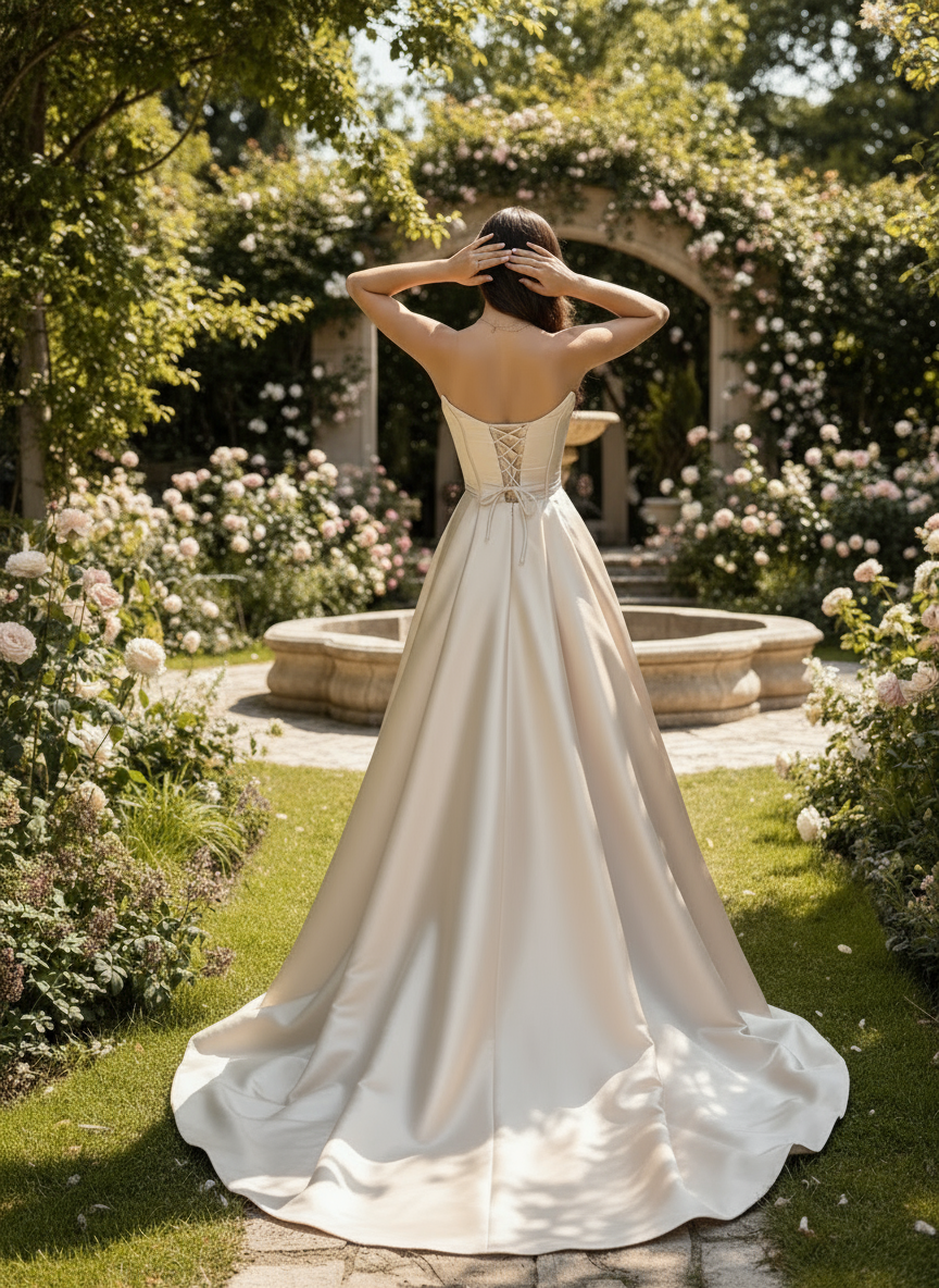 Woman in a white wedding dress standing in a garden with flowers and an archway.