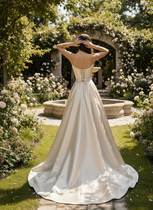 Woman in a white wedding dress standing in a garden with flowers and an archway.