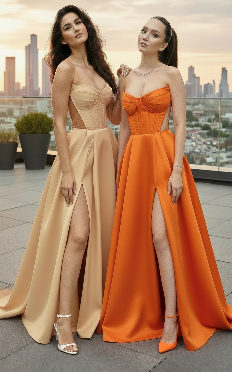 Two women in elegant dresses standing on a rooftop with cityscape background
