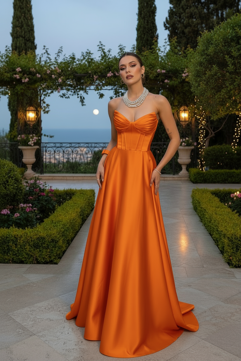 Woman in an orange evening gown standing in a garden with a scenic background