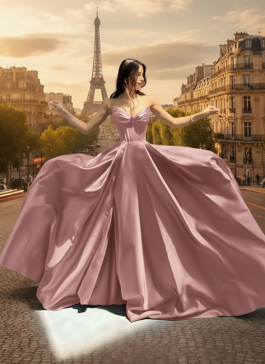 Woman in a pink gown standing in front of the Eiffel Tower