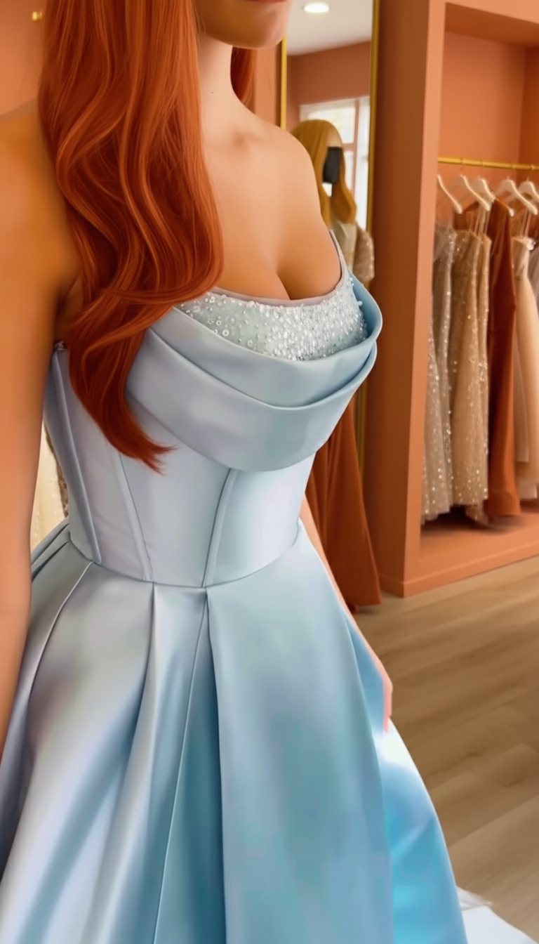 Light blue evening gown with a sparkly bodice, worn by a person with blonde hair.
