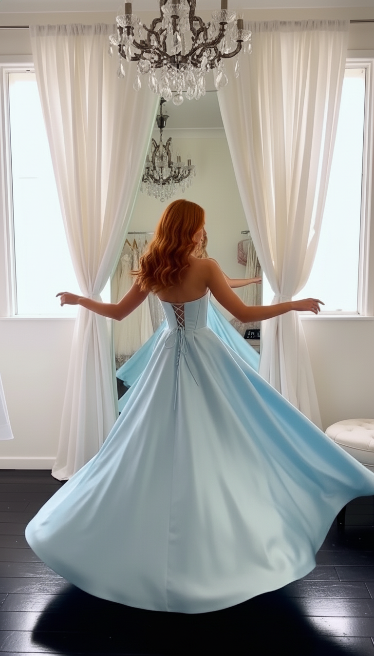 Woman in a light blue evening gown standing in front of a mirror.

