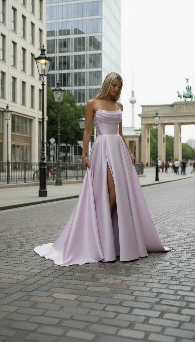 Woman in a strapless pink gown with a high slit walking on a city street.