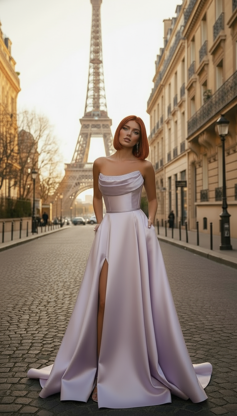 Strapless Draped Satin Evening Gown | Lilac & Sky Blue - Long & Midi