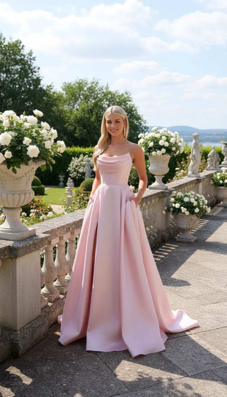 Woman wearing a pink strapless gown with a slit on a neutral background