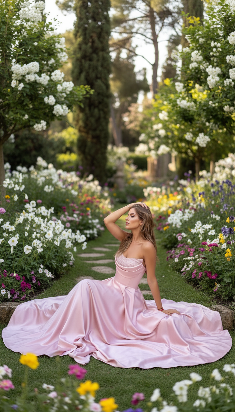 Woman in a light blue evening gown with a wooden door in the background