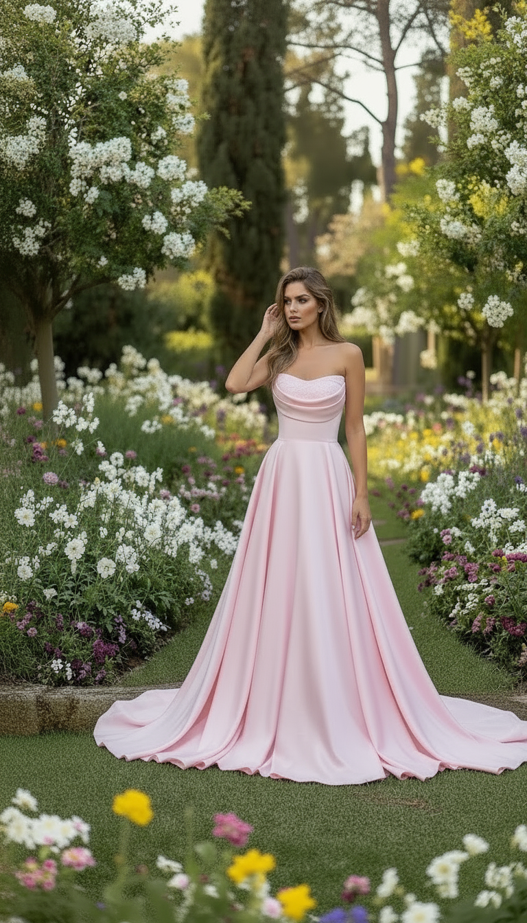 Woman in a pink strapless gown standing in a garden with flowers