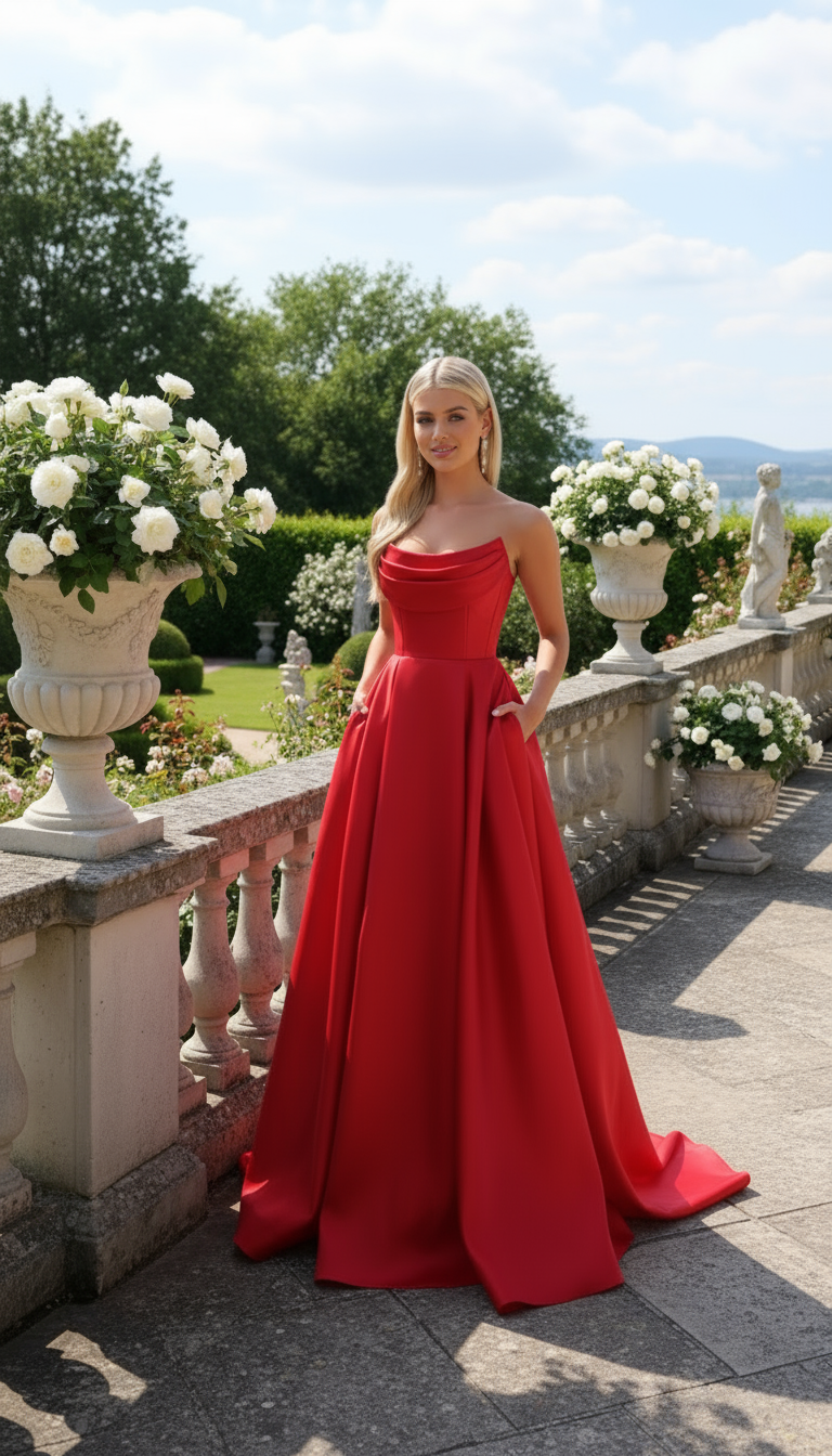 Woman in a red strapless gown standing in an elegant outdoor setting with flowers and classical architecture.