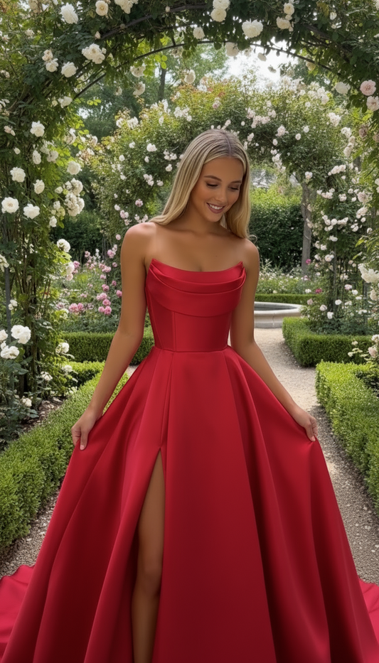 Woman in a red dress standing in a garden with white flowers and greenery.