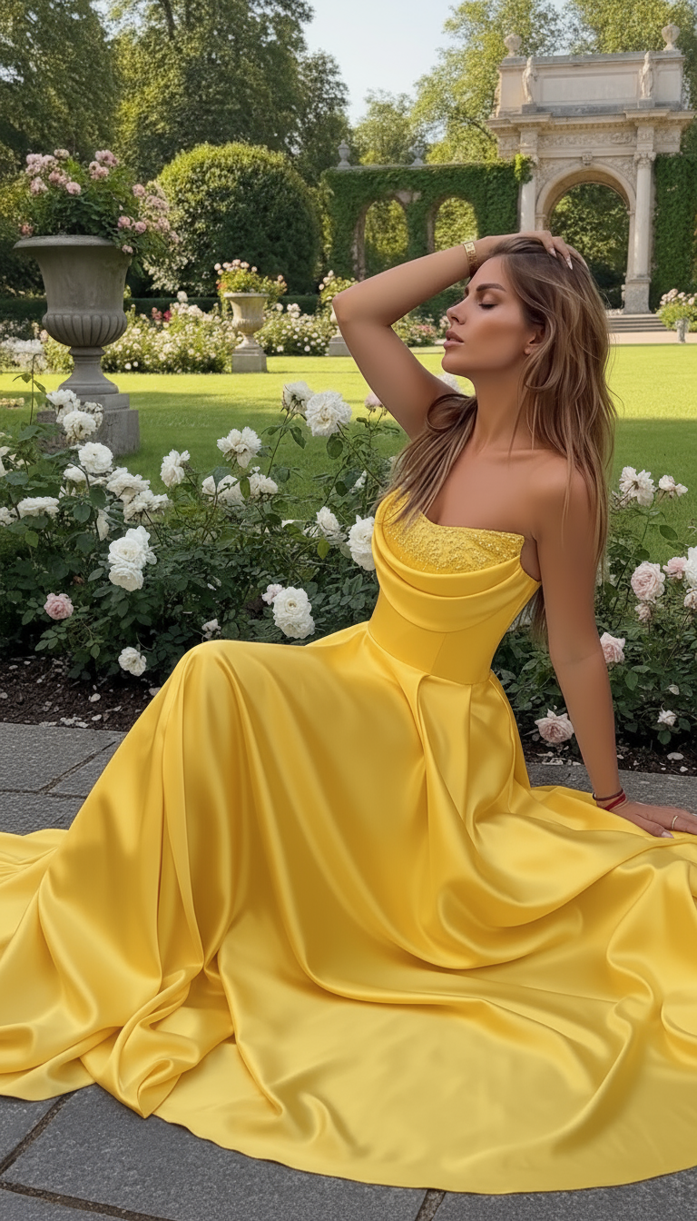 Woman in a yellow dress standing in a garden with flowers and a gazebo in the background